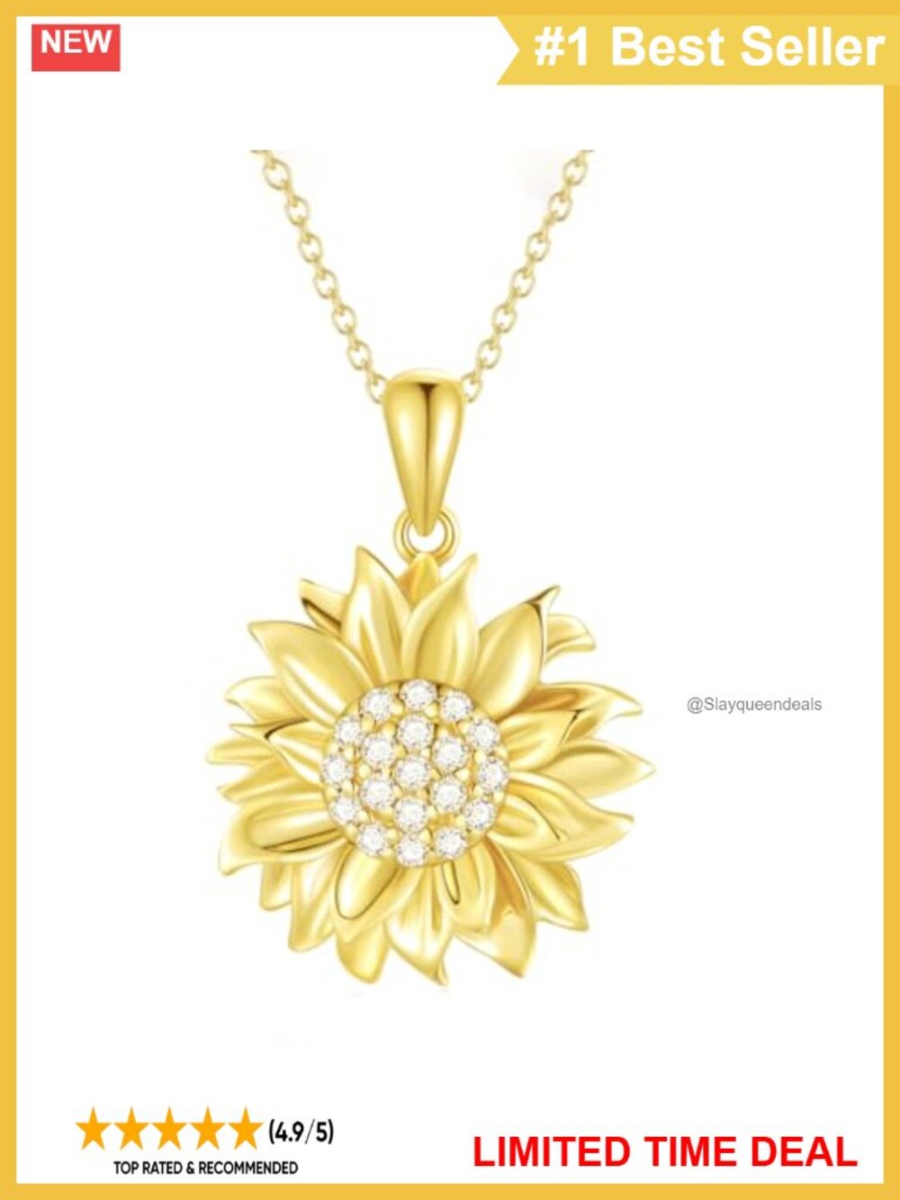 18K Gold Plated Sterling Silver Sunflower Pendant Necklace Diamond